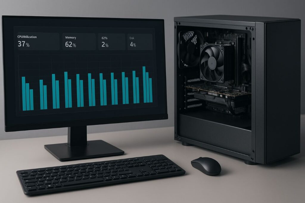 multi-core processors — close-up of a desktop tower and monitor running a parallel workload graph in a neutral studio
