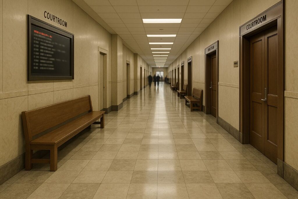 New York City deportation crisis feature image showing a neutral federal courthouse corridor outside immigration courtrooms