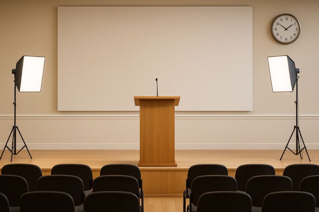 Nobel Prize 2025 season feature image showing a neutral press hall with podium and blank backdrop during Nobel Prize announcements