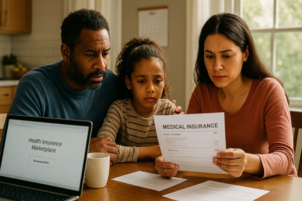 Obamacare costs — worried family reviewing marketplace health insurance bill at a kitchen table
