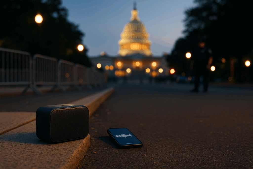 protester — dusk scene on a D.C. sidewalk facing the Capitol dome with a single portable speaker on the curb and unbranded police barriers in soft focus