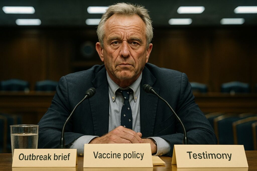 RFK Jr testifies in a Senate hearing room, candid portrait with visible fatigue lines and unretouched features