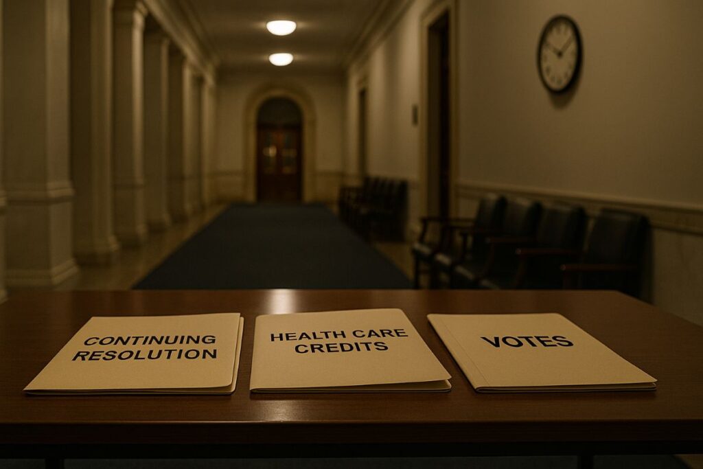 Senate Democrats strategy session visualized with a neutral Capitol hallway and budget folders