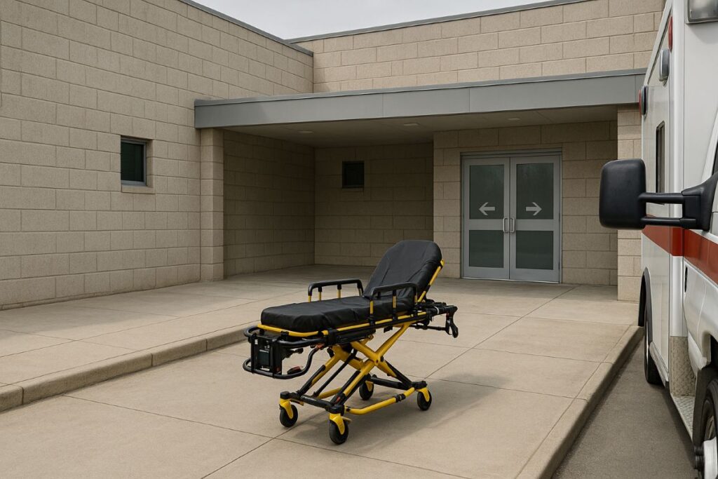 Sikh man denied medical care — neutral detention facility exterior with unbranded ambulance staging area