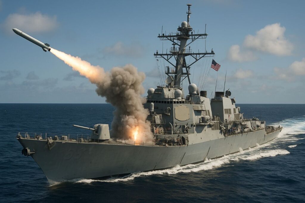 Tomahawk missiles debate — unbranded naval silhouette at dusk with distant coastline