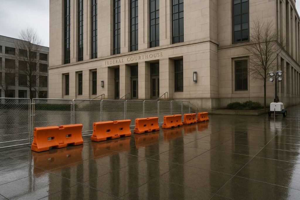 Trump troop deployment paused by court order outside a neutral Portland federal courthouse at night