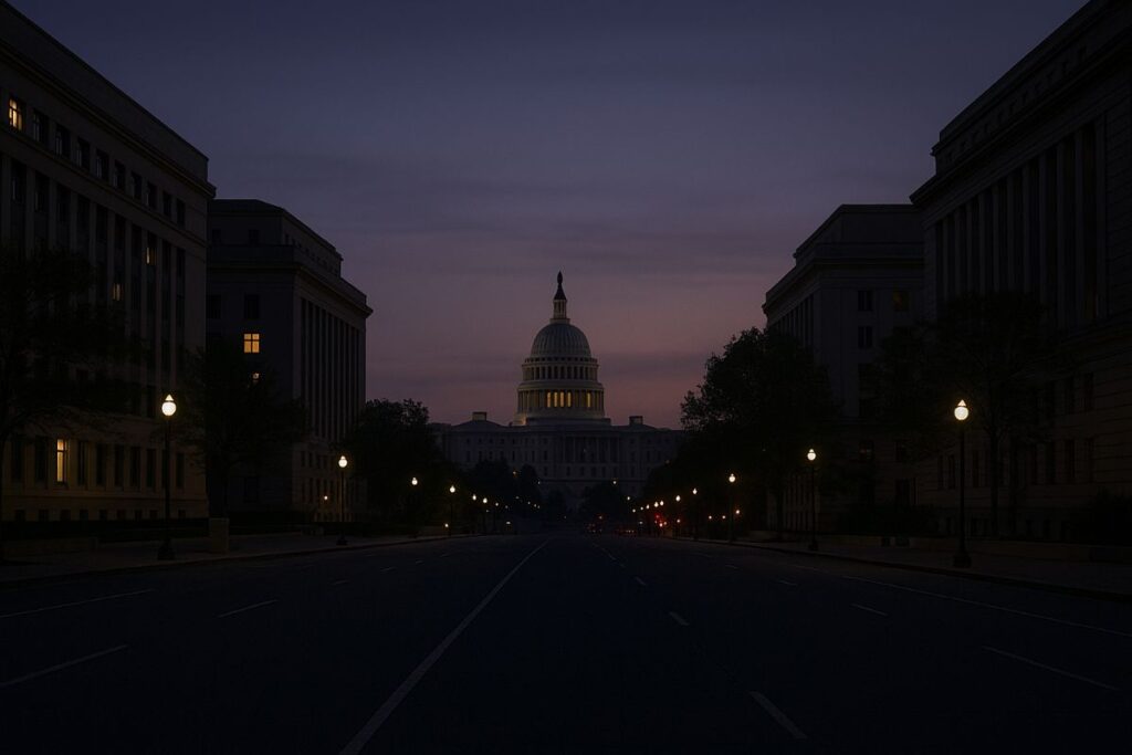 Trump’s spending cuts during shutdown — darkened federal buildings with Capitol silhouette at dusk