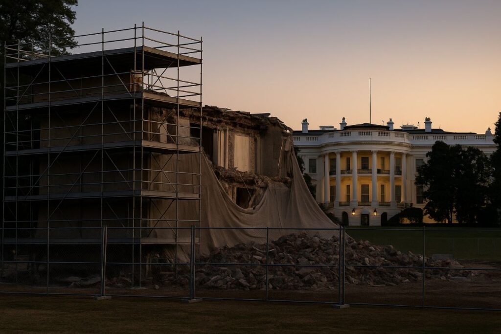 White House East Wing demolition — neutral, unbranded construction scene at dusk on the South Grounds with scaffolding and debris netting