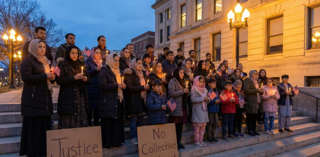Afghans in the US gathered in a peaceful vigil outside a U.S. city hall, holding candles and American flags after the D.C. shooting.