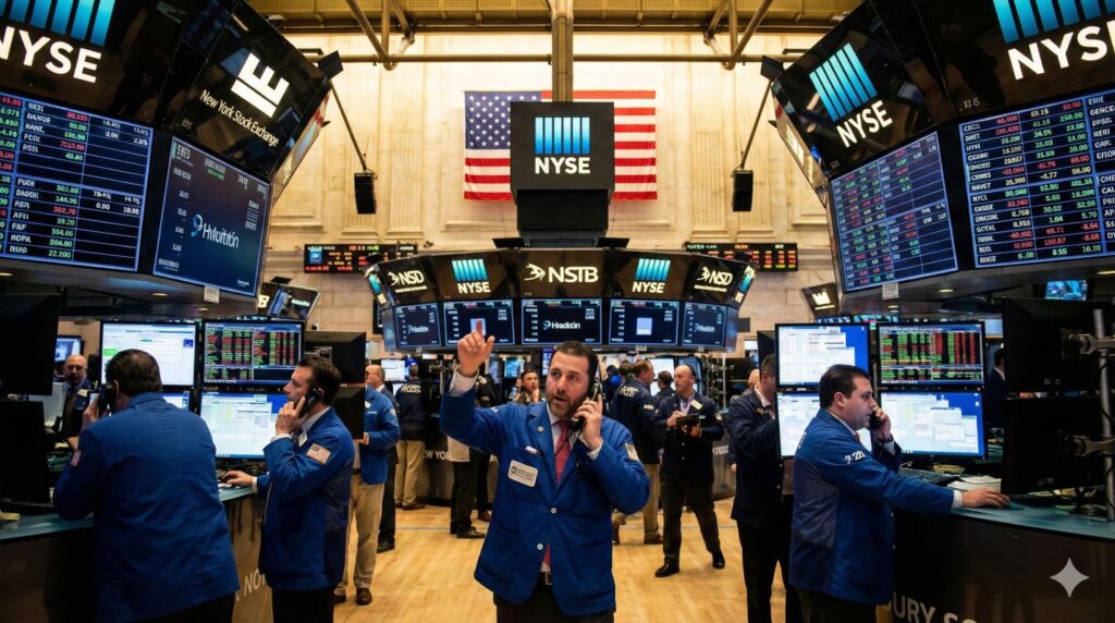 Traders in a modern newsroom watching volatile charts during an AI bubble driven tech selloff.