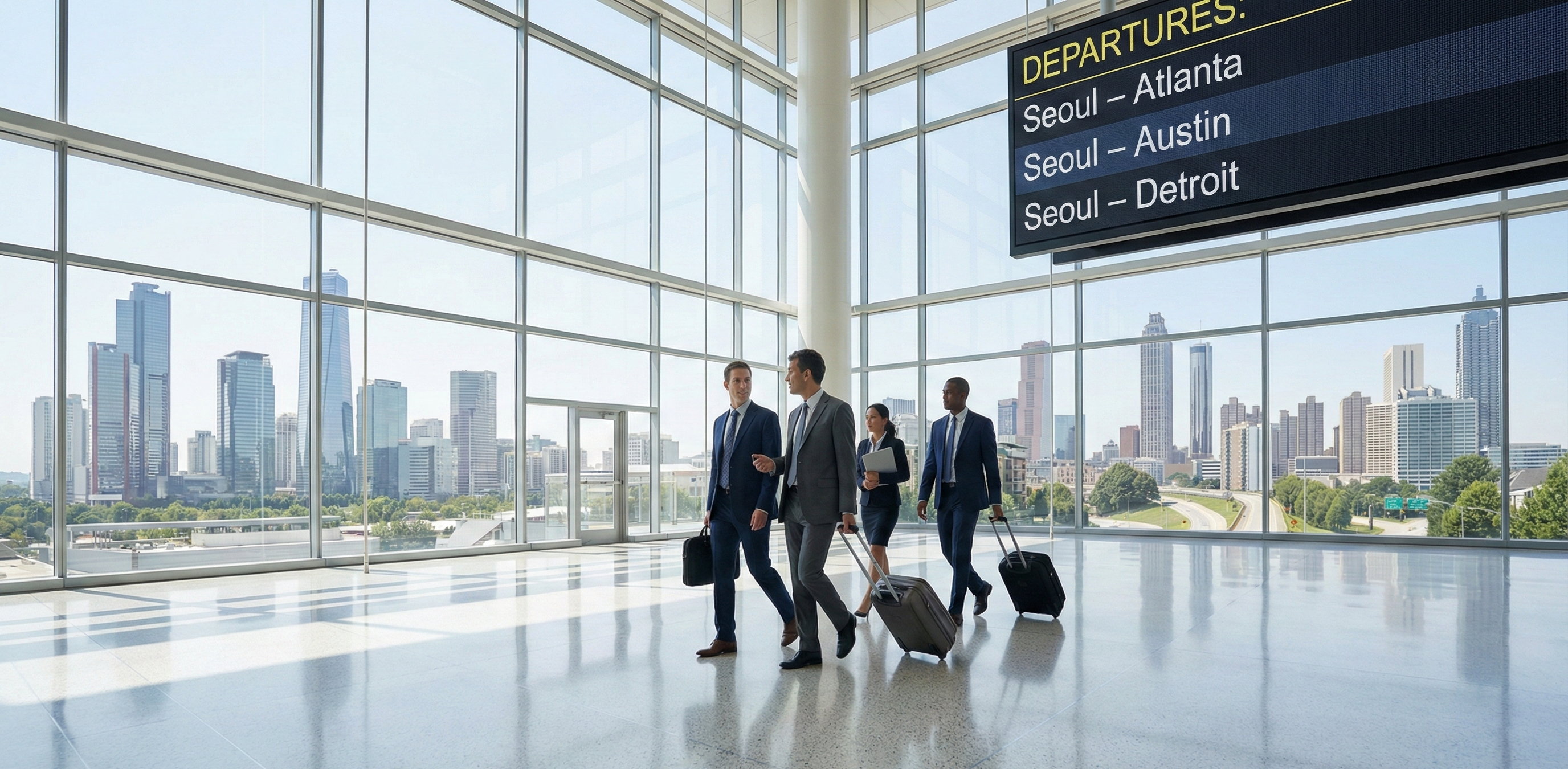 South Korean and American business travelers in an airport terminal with skylines of Seoul and Washington blended in the background, symbolizing streamlined business visas between the two countries.