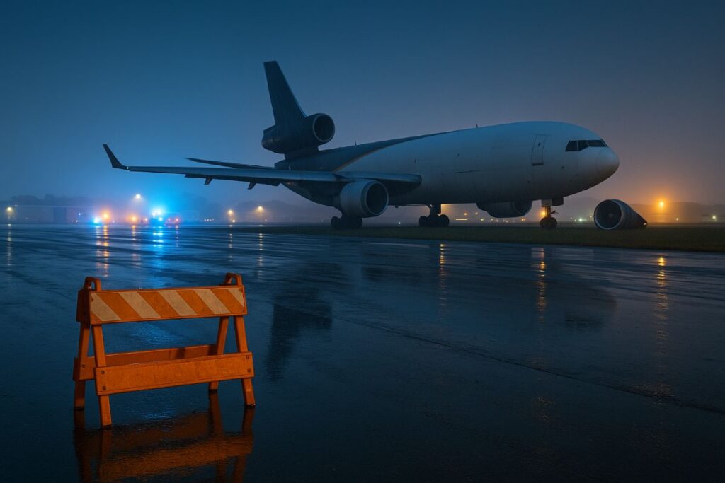 UPS cargo plane crash in Kentucky with an empty engine pylon and a detached turbofan in the grass