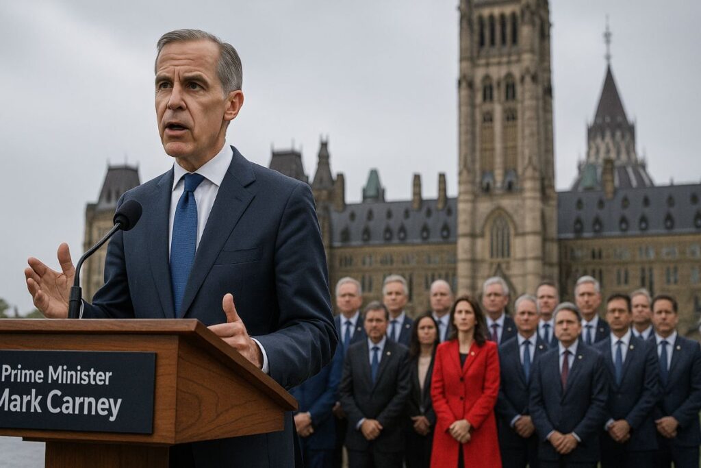 Carney’s spending plans presented at a rainy-night budget briefing outside Parliament in Ottawa, with reporters and umbrellas
