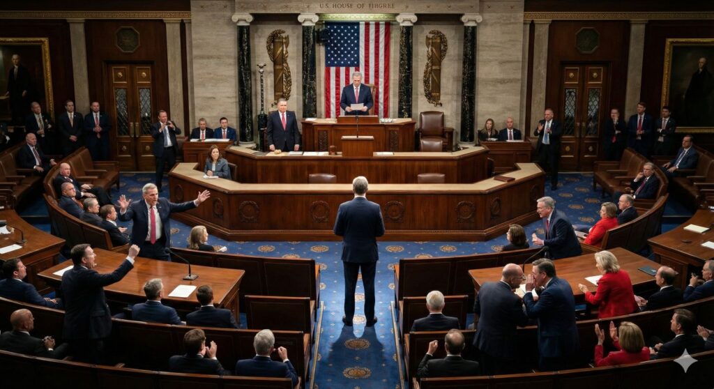 A photorealistic wide shot of the House of Representatives floor during a tense censure proceeding, showing the Speaker holding a gavel and a lone member standing in the well, symbolizing the rise of censures in the House.