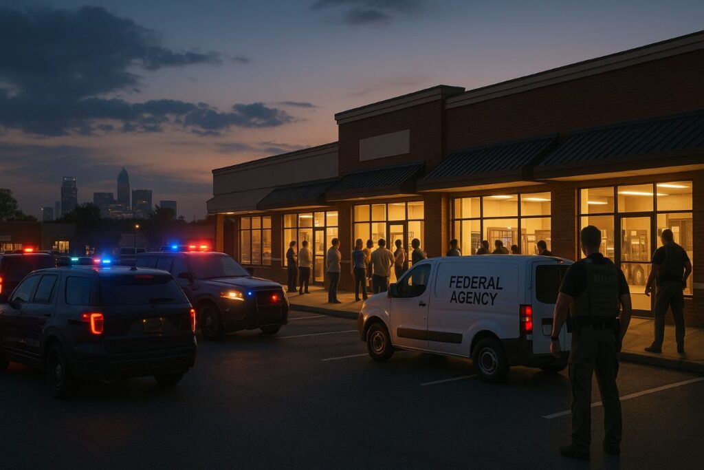 Charlotte immigration crackdown — federal vehicles and residents outside a shopping center during evening enforcement sweep