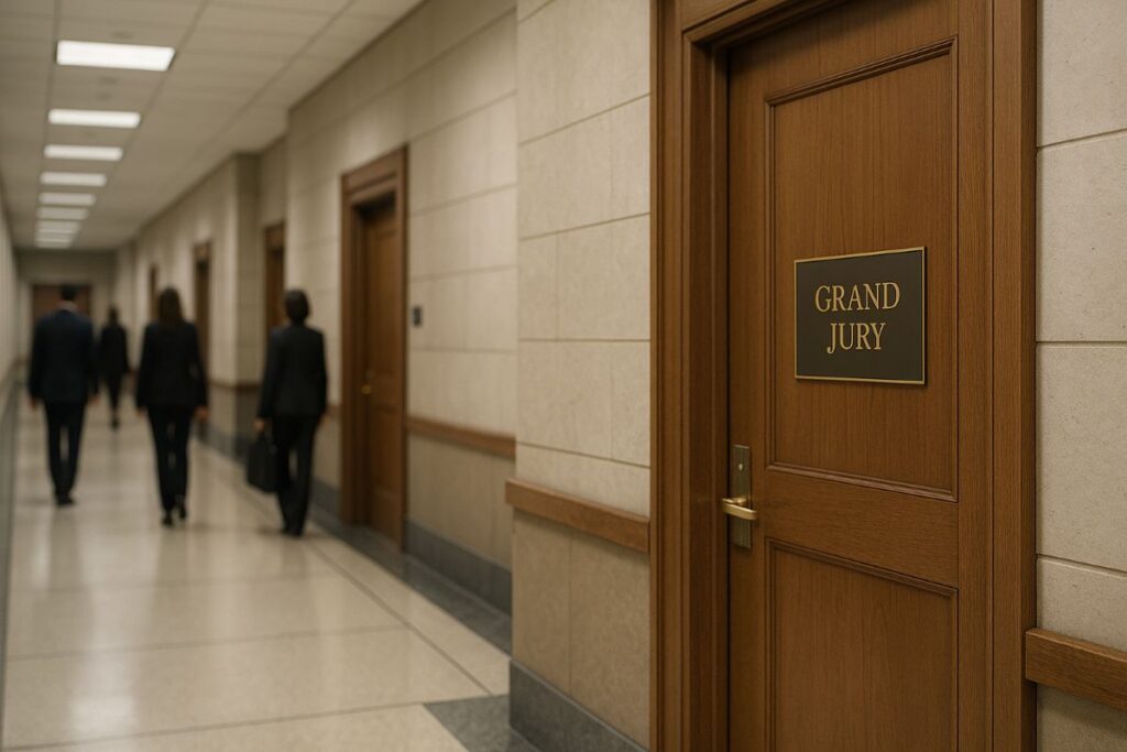 Comey case misconduct — neutral federal courthouse hallway in Alexandria with attorneys walking past sealed grand jury doors
