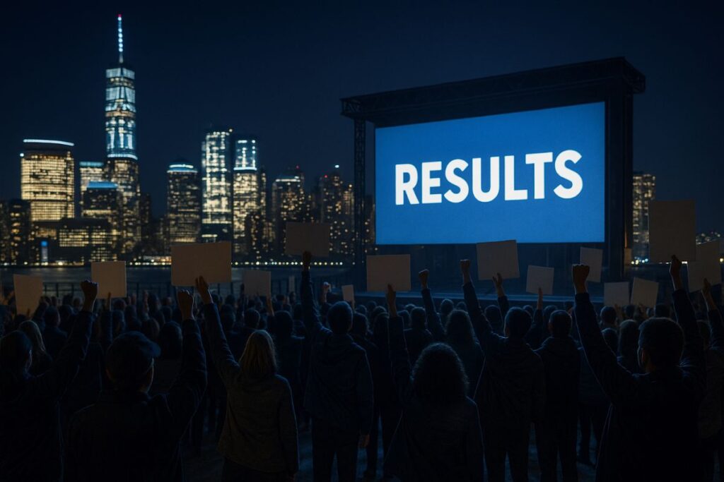 Democratic Party momentum reflected in election-night celebrations with city skyline lights and crowd silhouettes, neutral signage, no logos or identifiable faces