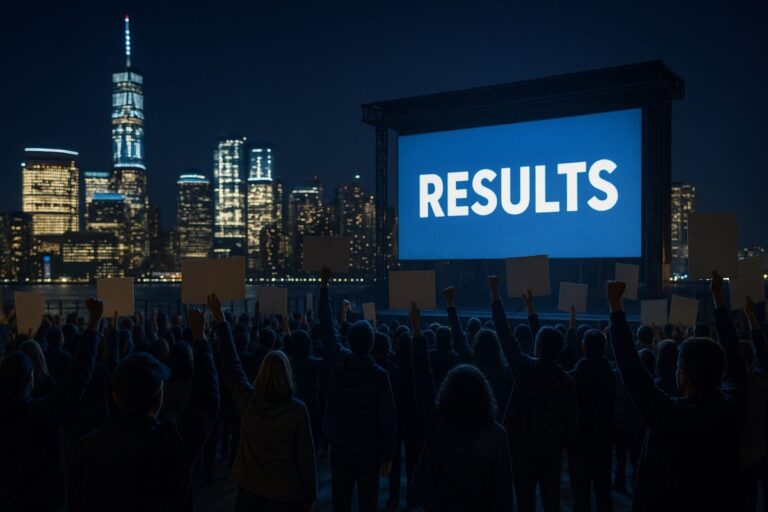 Democratic Party momentum reflected in election-night celebrations with city skyline lights and crowd silhouettes, neutral signage, no logos or identifiable faces