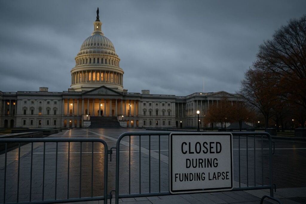 Democrats stand firm during a government shutdown as the U.S. Capitol sits under overcast skies with closed signage near barricades