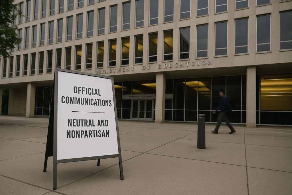 Education Department First Amendment ruling with the agency’s headquarters at dusk and neutral signage about official communications policy