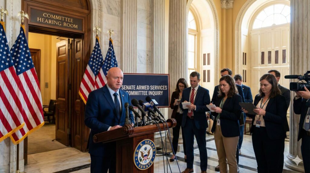 Mark Kelly Pentagon inquiry scene with senator speaking near the U.S. Capitol