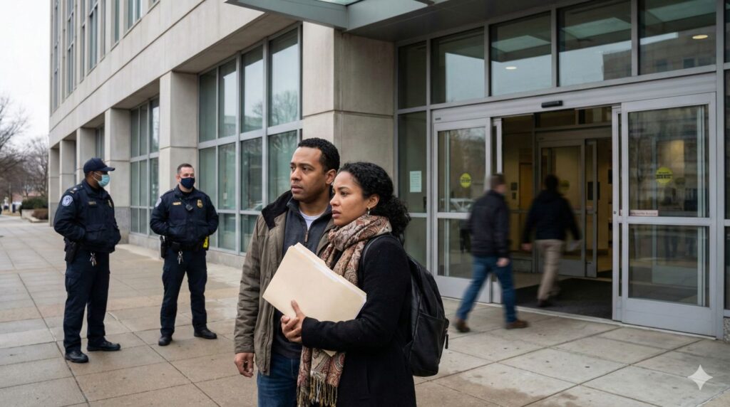 Green Card Interviews scene with immigrant couple and officers outside a USCIS building