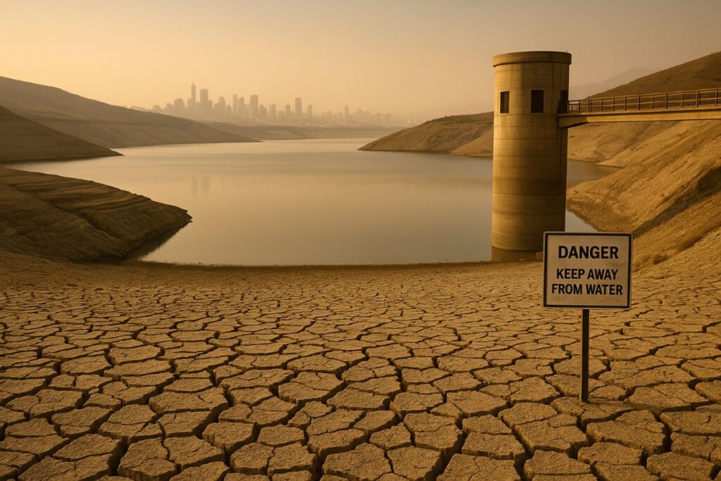 Iran water crisis in Tehran with a dry reservoir shoreline, a distant skyline, and warning signs at a low intake tower