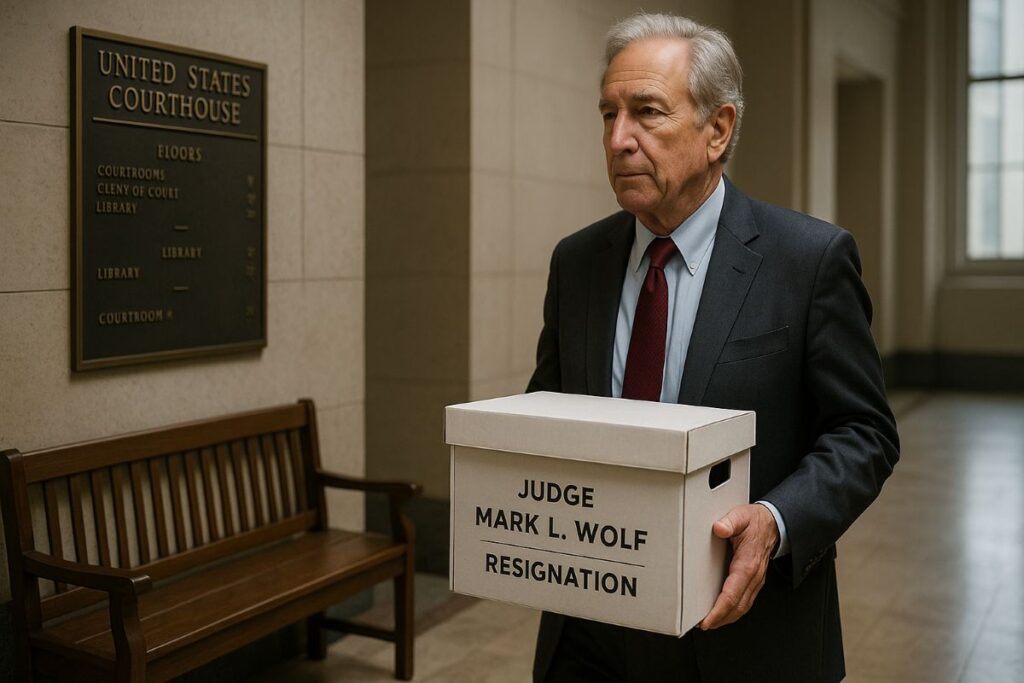 Judge Mark L. Wolf resignation and rule of law concerns with a courthouse interior and a plain box of judicial papers