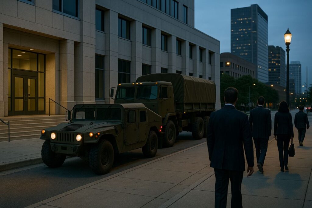 National Guard deployment in Memphis — National Guard trucks idling near a downtown courthouse as attorneys walk past