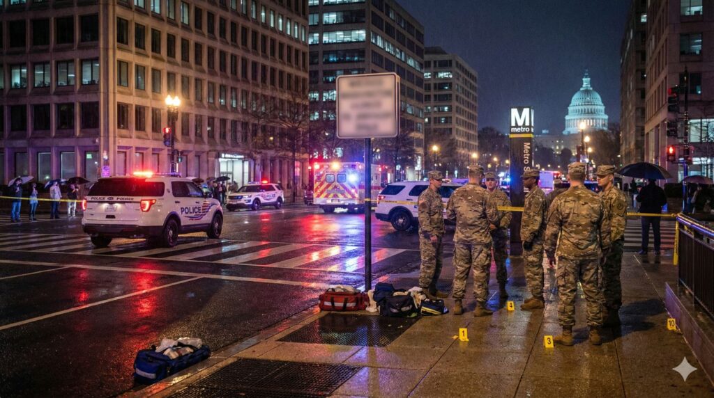 National Guard shooting scene in Washington DC with emergency vehicles and soldiers at night