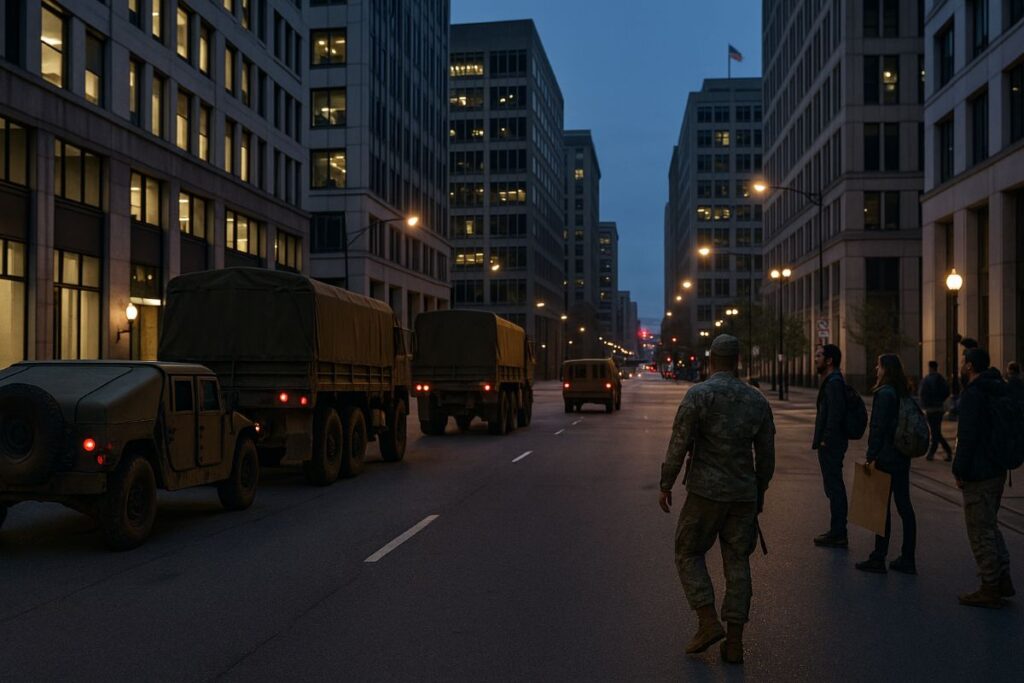 National Guard withdrawal — military transport vehicles leaving a city street near federal buildings at dusk
