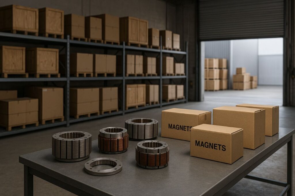 chip export ban — neutral electronics warehouse with unbranded reels of components on racks and a customs inspection table