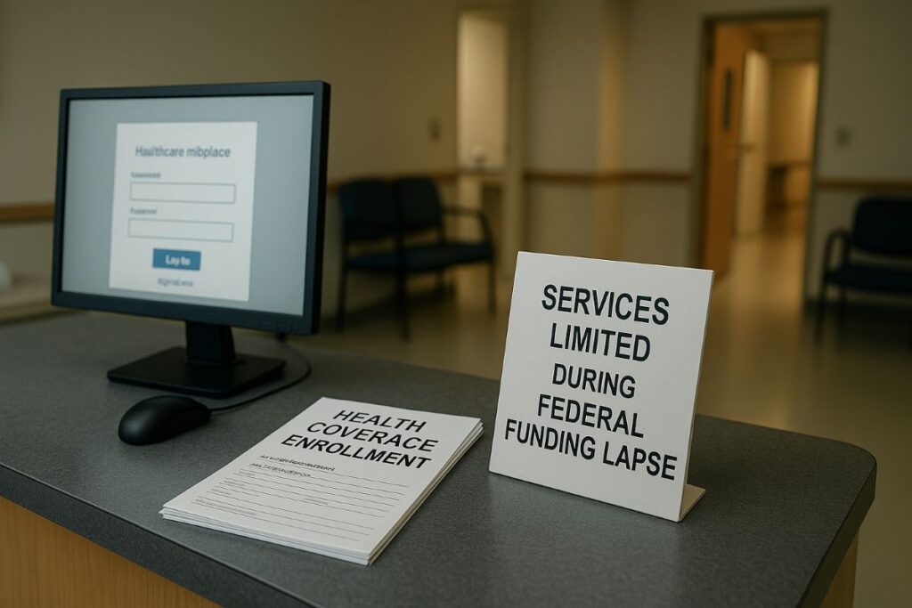 Obamacare under renewed criticism during a shutdown with an empty clinic reception desk, enrollment forms, and a neutral government notice about limited services