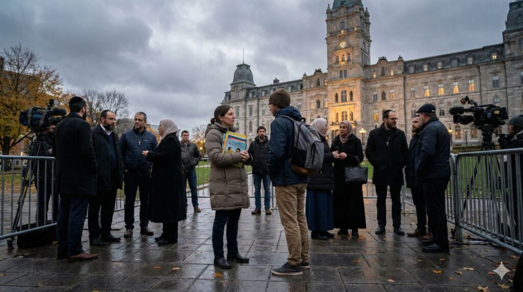 Protesters and educators reacting to Quebec secularism law Bill 9 outside the National Assembly