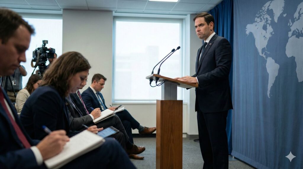 Marco Rubio speaking at a press conference about the Ukraine peace plan