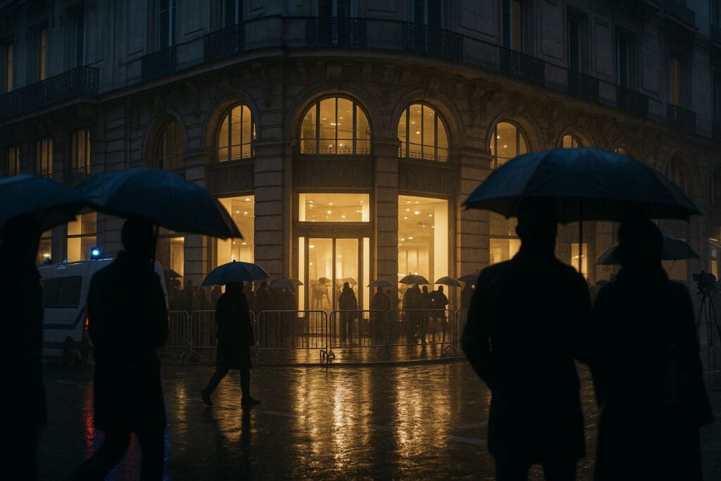 Nighttime Paris streetscape outside BHV Marais during the Shein investigation