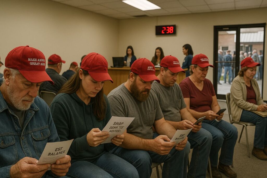 SNAP benefits resuming amid government reopening — crowded food assistance office with families checking EBT balances