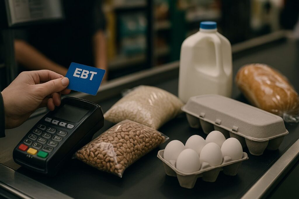SNAP disruptions — family grocery checkout with EBT card