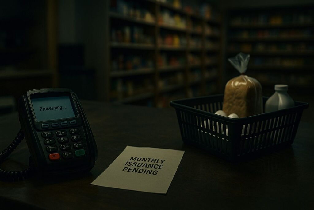 SNAP payments during a government shutdown with an empty grocery checkout and an EBT terminal showing pending transaction