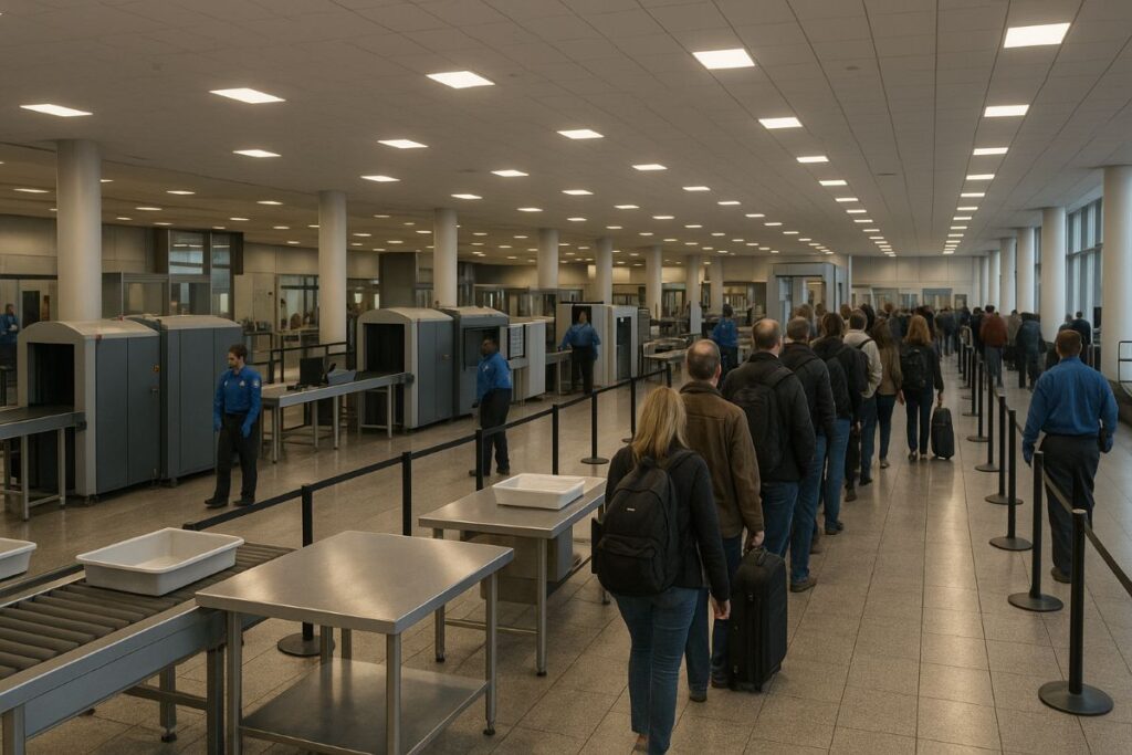 TSA checkpoint lane with unbranded equipment and sparse officers