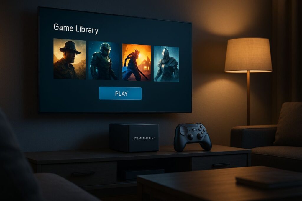 Steam Machine console under a living room TV showcasing Valve’s new PC gaming device