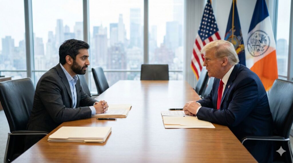 Trump and Mamdani seated across a conference table in New York City discussing federal–city cooperation