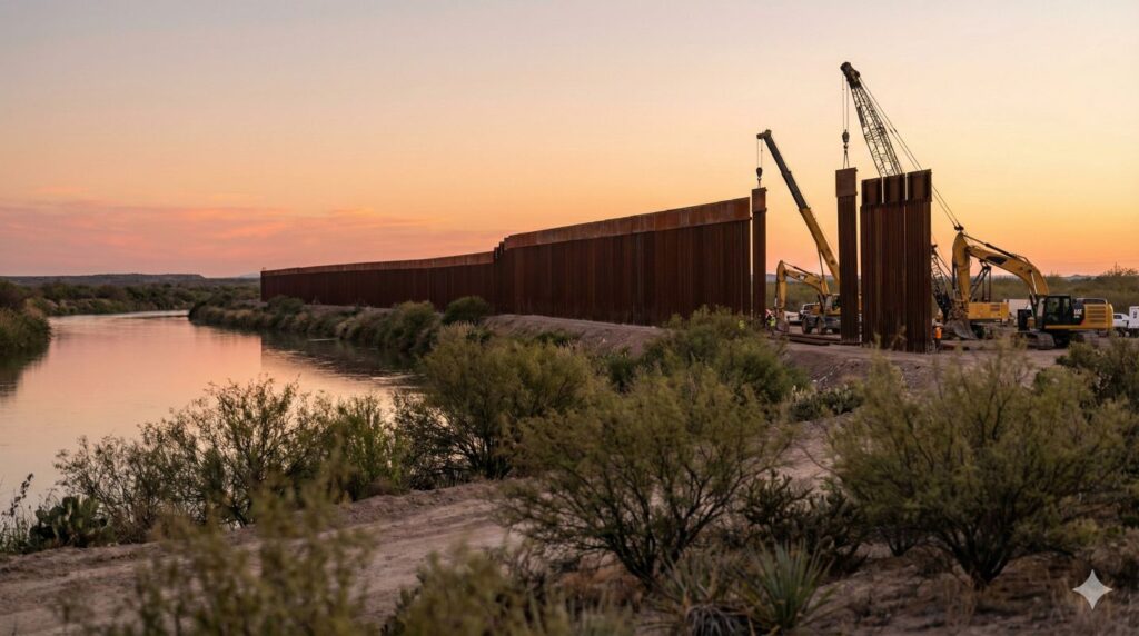 Trump border wall construction along the Rio Grande near Laredo Texas at sunset