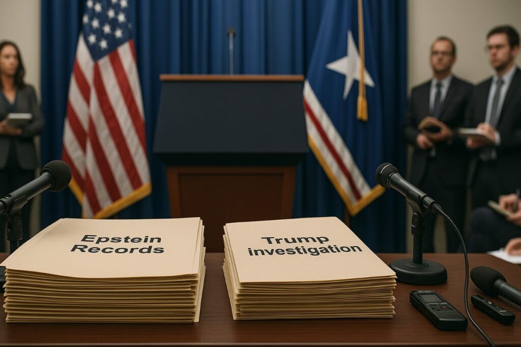 Trump investigation — generic DOJ press conference backdrop with reporters and documents referencing Epstein ties
