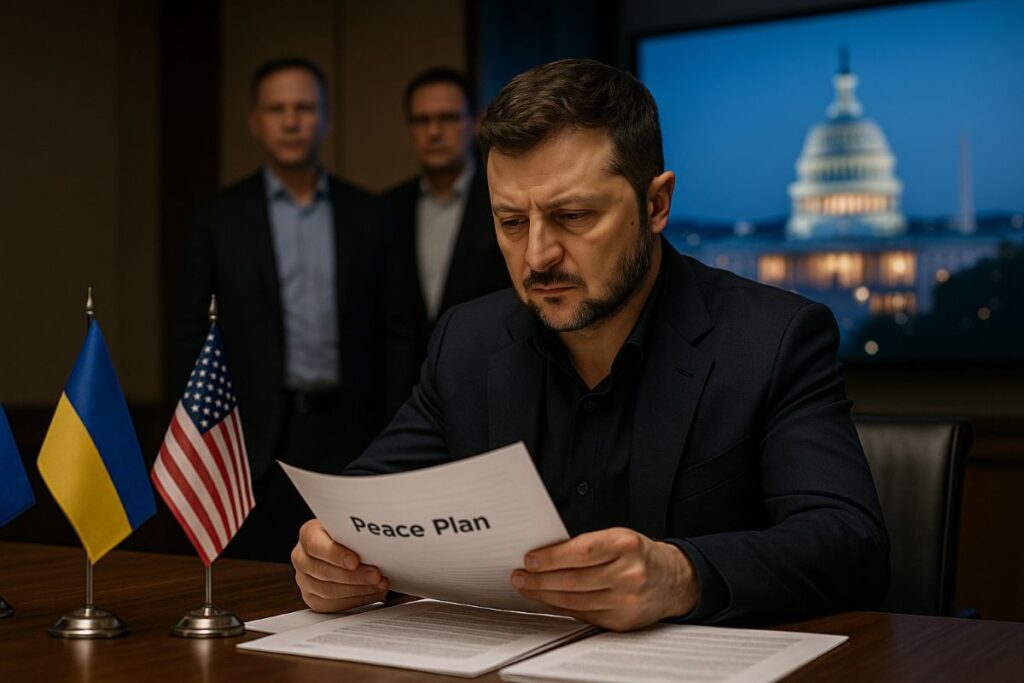 US peace plan — Ukrainian president in Kyiv reviewing draft peace documents with US and EU flags in background