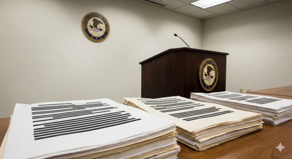 Epstein files release concept image showing redacted documents in a DOJ-style briefing room