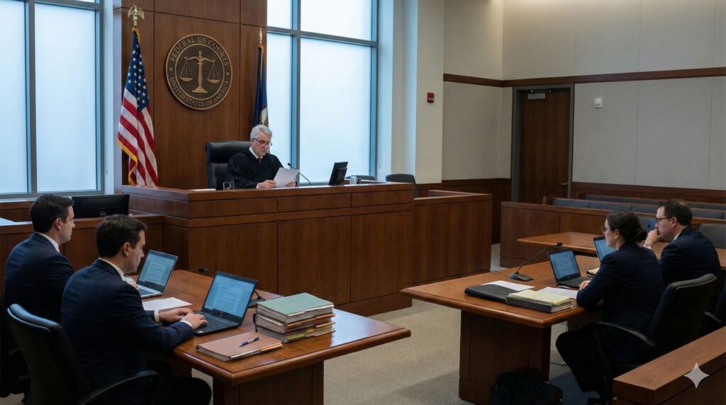Federal judge in a Washington D.C. courtroom reading a ruling that blocks the Justice Department from pursuing a new Comey indictment, with law books and the US flag in the background.