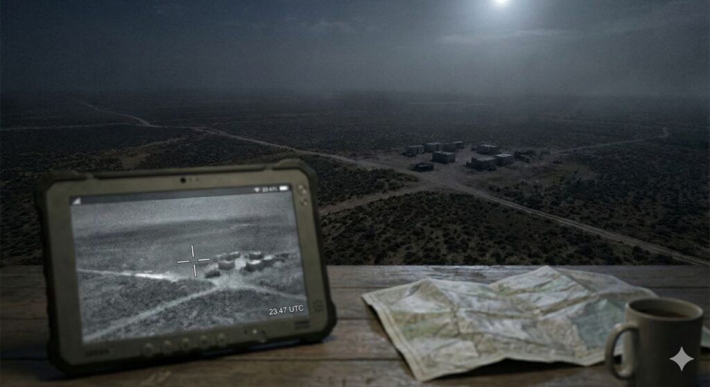 military strike against ISIS depicted through a high-altitude surveillance-style view and a generic operations map without identifiable people or insignia.