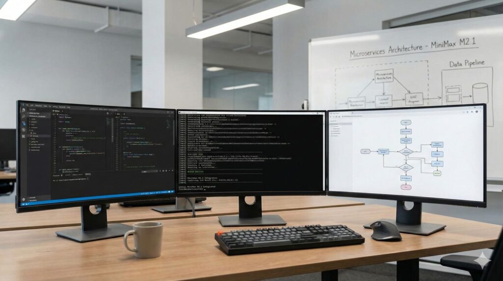 MiniMax M2.1 shown on a developer workstation with multi-language programming screens representing complex programming tasks.
