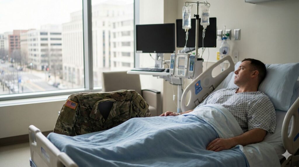 National Guardsman recovering from gunshot wound in D.C. resting in a hospital bed with medical monitors nearby and an American flag patch visible on his uniform sleeve.